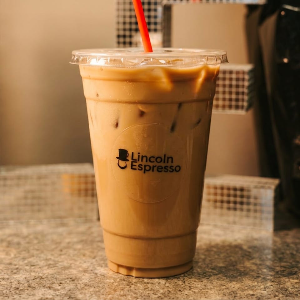 Iced coffee in a Lincoln Espresso branded cup with a red straw on a speckled counter.