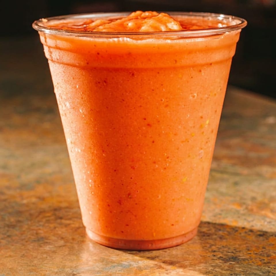A vibrant orange smoothie in a clear plastic cup sits on a rustic, textured countertop.