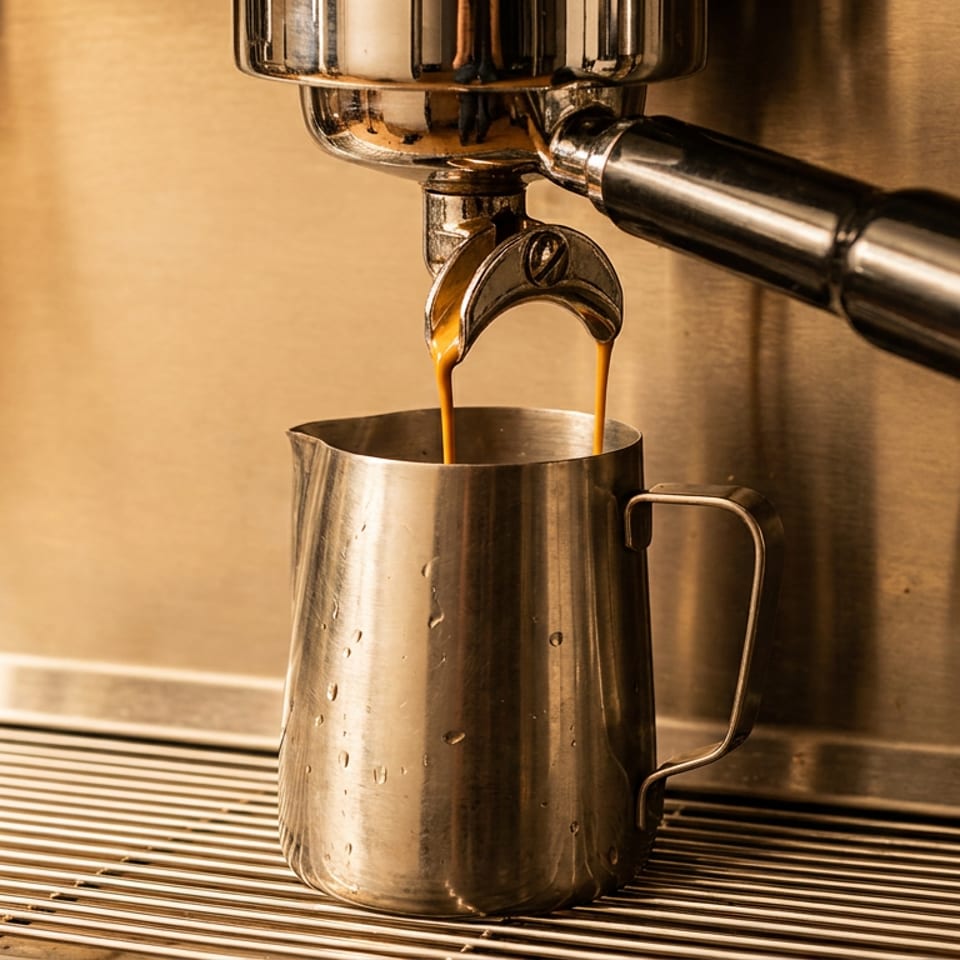 Espresso pours from a shiny machine into a stainless steel pitcher.