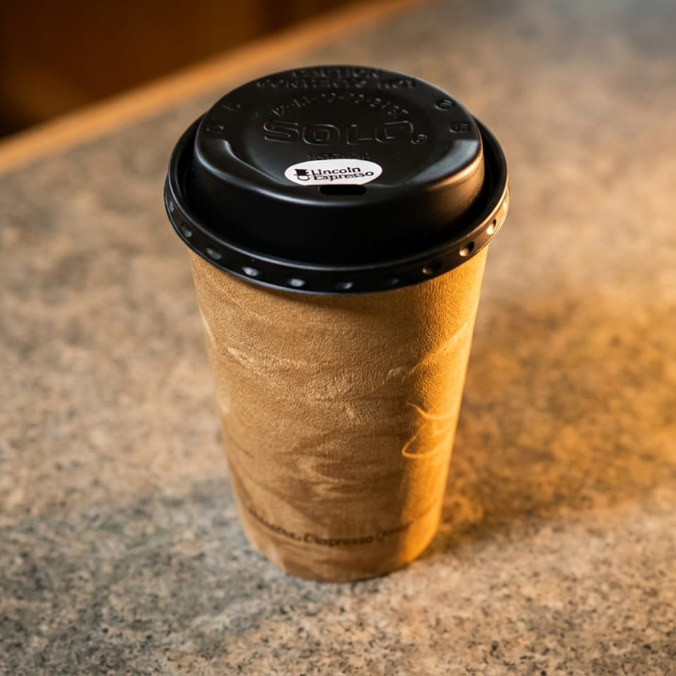 A Lincoln Espresso coffee cup with a black lid sits on a speckled countertop.