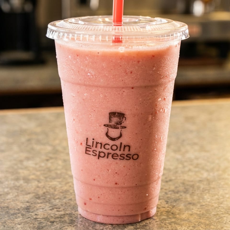 A pink smoothie in a Lincoln Espresso cup with a red straw sits next to a muffin on a counter.