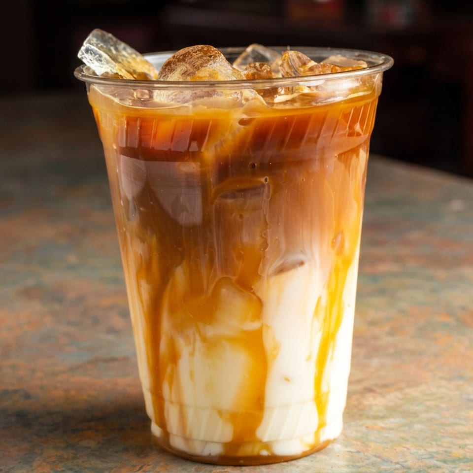 Iced coffee with layered milk and caramel swirls, topped with ice, in a clear plastic cup.