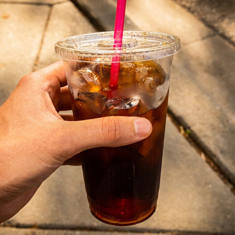 A hand holds a plastic cup of iced coffee with a pink straw against a blurred outdoor background.